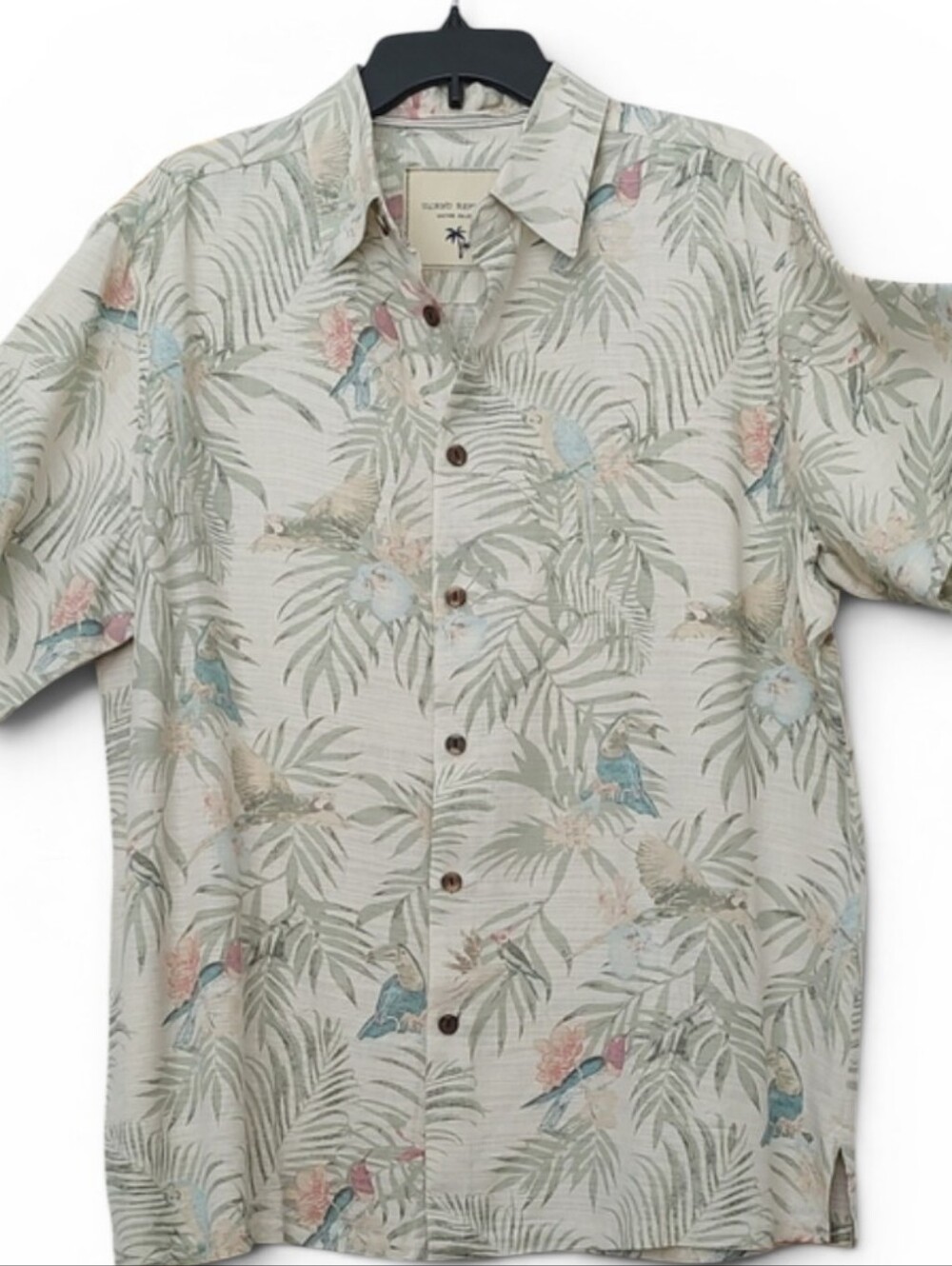 Island Republic Light Green Tropical Parrot Print Button-Down Silk Shirt Sz XL
